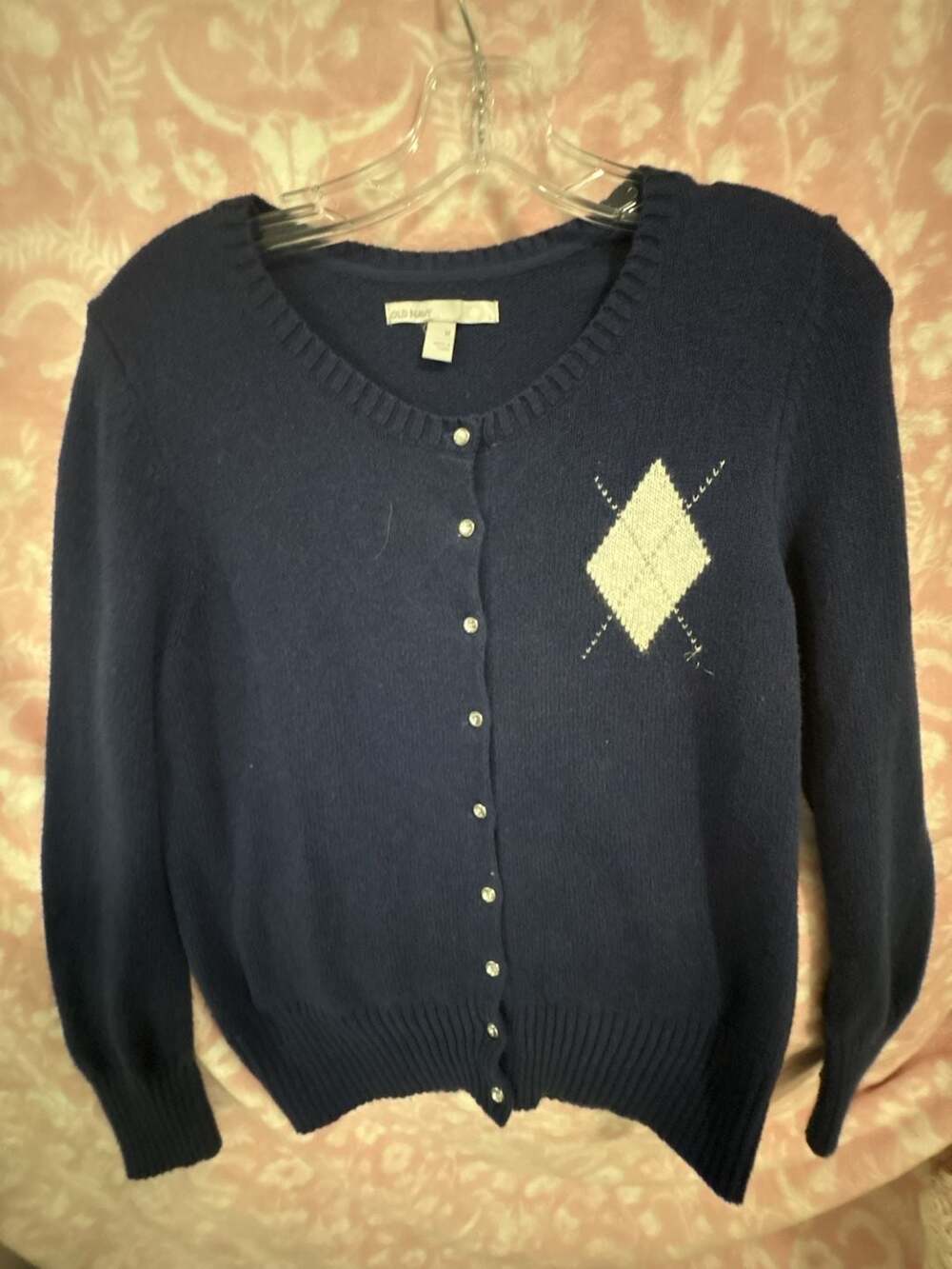 Old Navy Navy Blue Argyle Crew Neck Cardigan Sweater